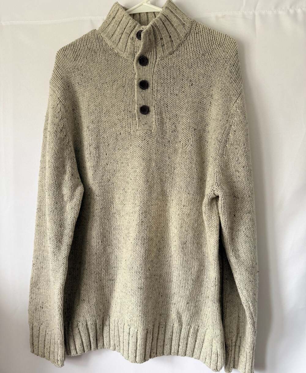 Nautica Men's Beige Speckled Knit Mock Neck Button-Down Sweater Sz M Coastal